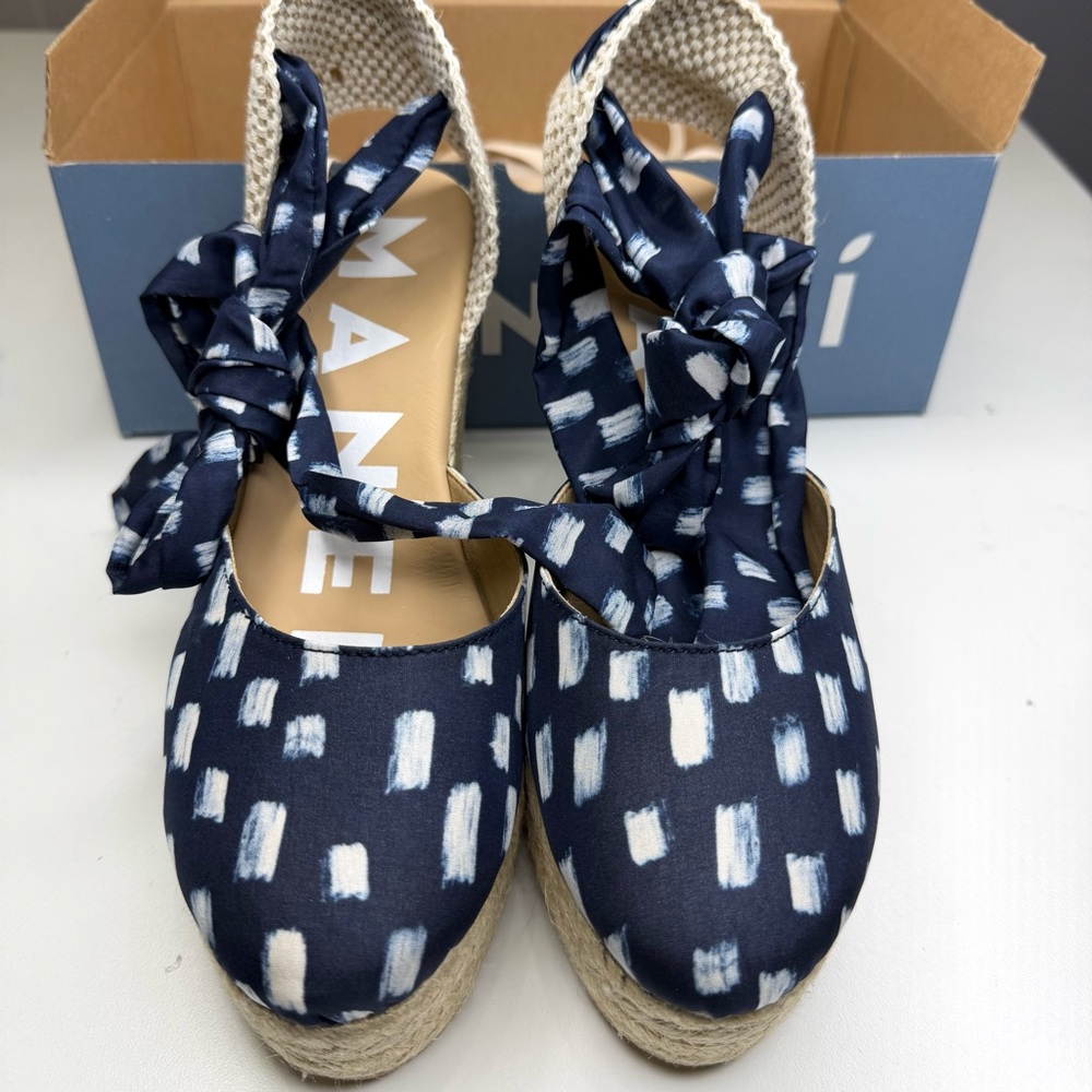 Manedi Navy/white Silk Printed Platform Espadrille Wedge Sandals, size 38, NEW